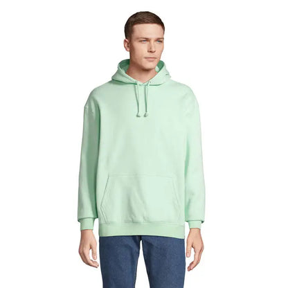 Pulover cu gluga unisex condor din bumbac moale verde menta cu buzunar frontal si snururi asortate