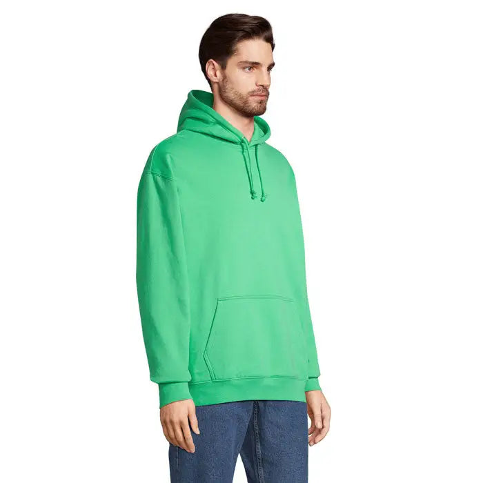 Pulover cu gluga unisex condor verde vibrant cu buzunar frontal si snururi asortate