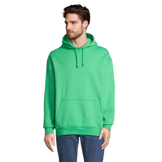 Pulover cu gluga unisex condor verde vibrant cu buzunar frontal si snururi la gluga din material confortabil