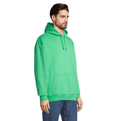 Pulover cu gluga unisex condor verde vibrant cu buzunar frontal si snururi asortate