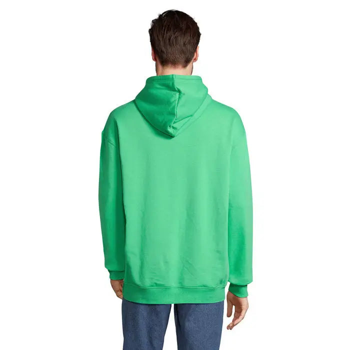 Pulover cu gluga unisex condor verde vibrant cu croiala lejera moale si maneci cu mansete ribbrate