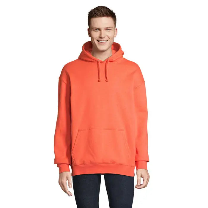 Pulover cu glugă unisex condor portocaliu vibrant cu buzunar frontal și șnururi, perfect pentru ținute casual