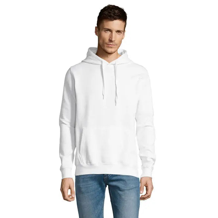 Pulover cu gluga unisex slam alb cu buzunar frontal si snur, ideal pentru tinute casual si confortabile