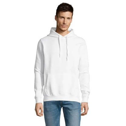 Pulover cu gluga unisex slam alb cu buzunar frontal si snururi, ideal pentru casual si sport
