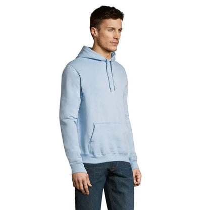 Pulover cu gluga unisex slam albastru deschis cu snururi asortate si buzunar frontal din material confortabil