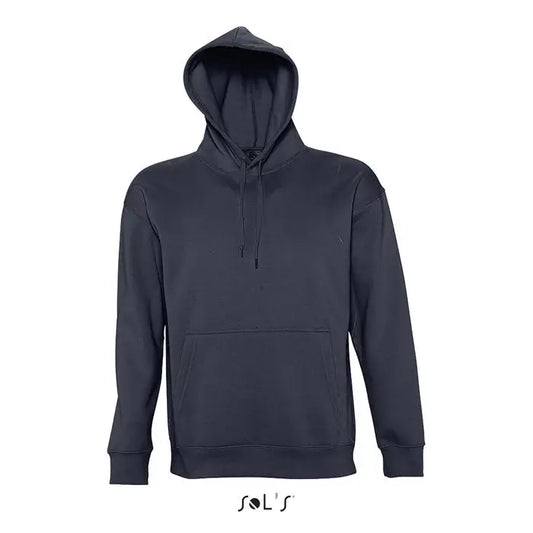 Pulover cu gluga unisex slam gri inchis cu buzunar frontal si snur, logo sols in partea de jos