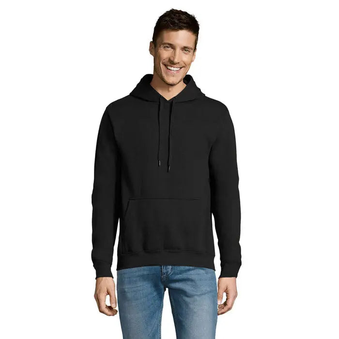 Pulover cu gluga unisex slam negru cu buzunar frontal si snururi la gluga din material confortabil