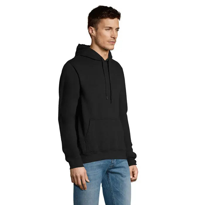 Pulover cu gluga unisex slam negru cu buzunar frontal si snururi, din material confortabil pentru purtare casual