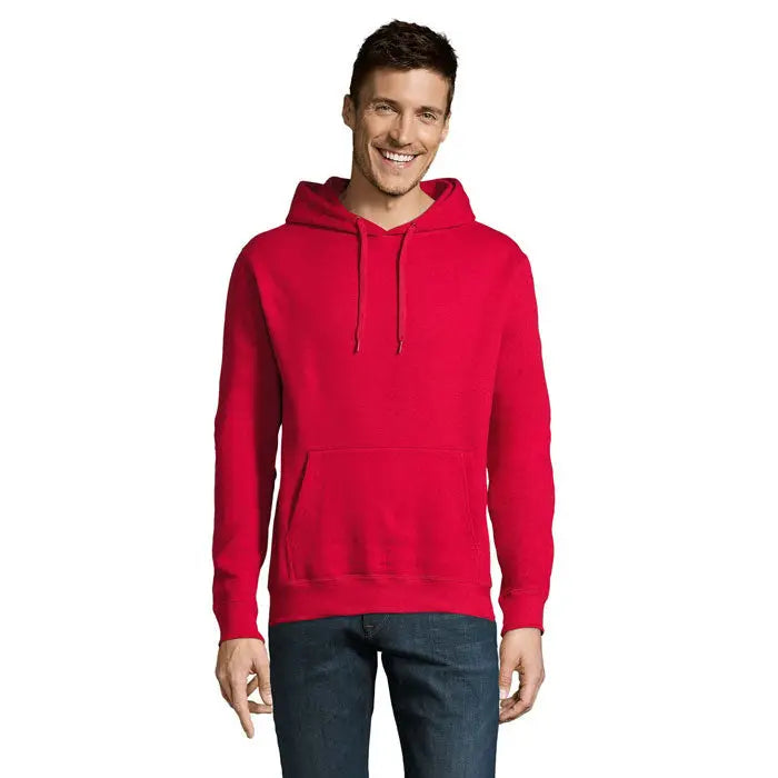 Pulover cu gluga unisex slam rosu vibrant din bumbac simplu cu buzunar frontal si snururi asortate