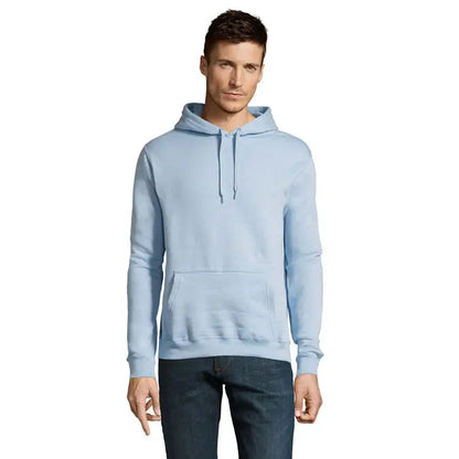 Pulover cu gluga unisex slam albastru deschis cu buzunar frontal si snur la gluga din material confortabil