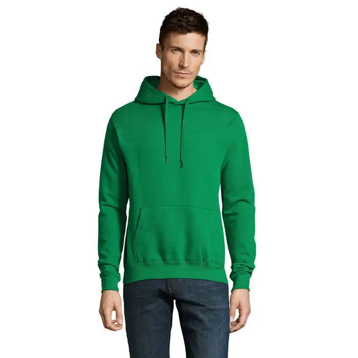 Pulover cu gluga unisex slam verde vibrant cu maneci lungi buzunar frontal si gluga cu snur