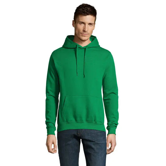 Pulover cu gluga unisex slam verde vibrant cu maneci lungi buzunar frontal si gluga cu snur