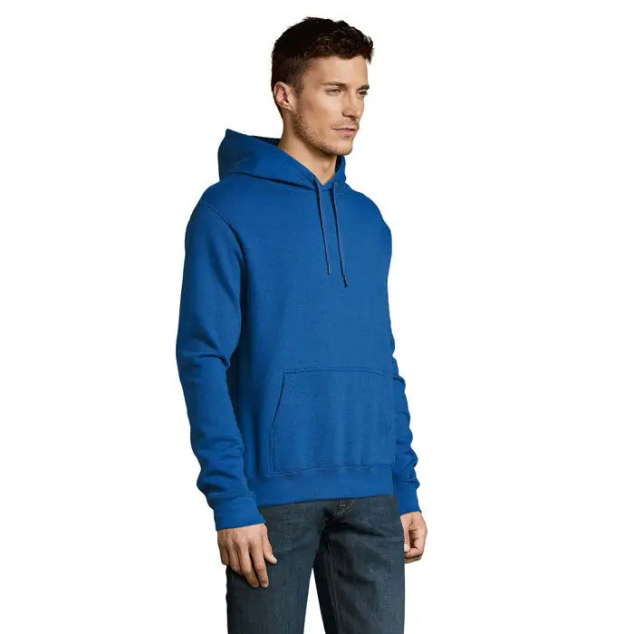 Pulover cu gluga unisex slam albastru regal vibrant cu buzunar frontal si snururi asortate