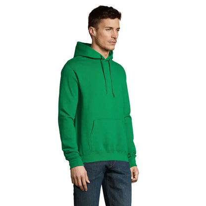 Pulover cu gluga unisex slam verde vibrant cu maneci lungi buzunar frontal si snur la gluga