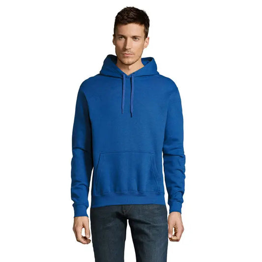 Pulover cu gluga unisex slam albastru royal din material solid cu buzunar frontal si snururi asortate
