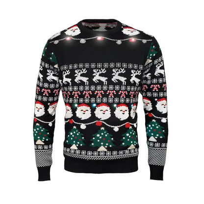 Pulover cu led de craciun negru lxl cu modele festive alb rosu verde si lumini led integrate la gat
