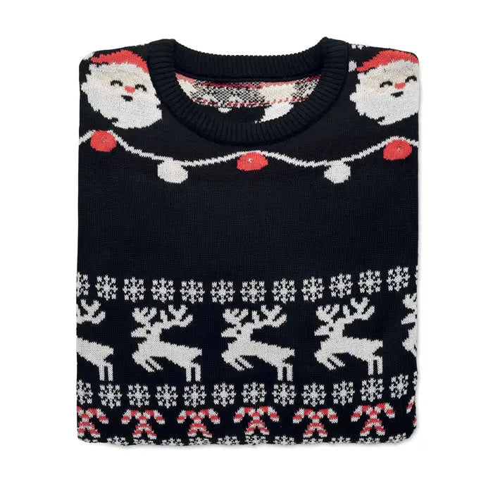 Pulover cu led de craciun l xl negru din tricot cu figuri albe de mos craciun reni fulgi de zapada si bete de bomboane rosii