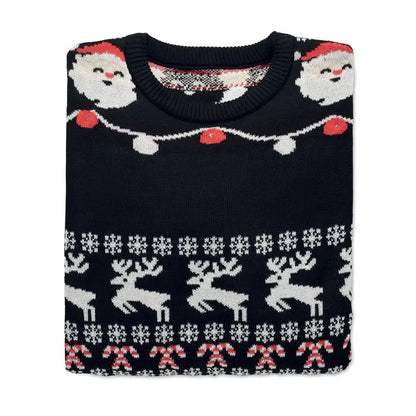 Pulover cu led de craciun l xl negru din tricot cu figuri albe de mos craciun reni fulgi de zapada si bete de bomboane rosii