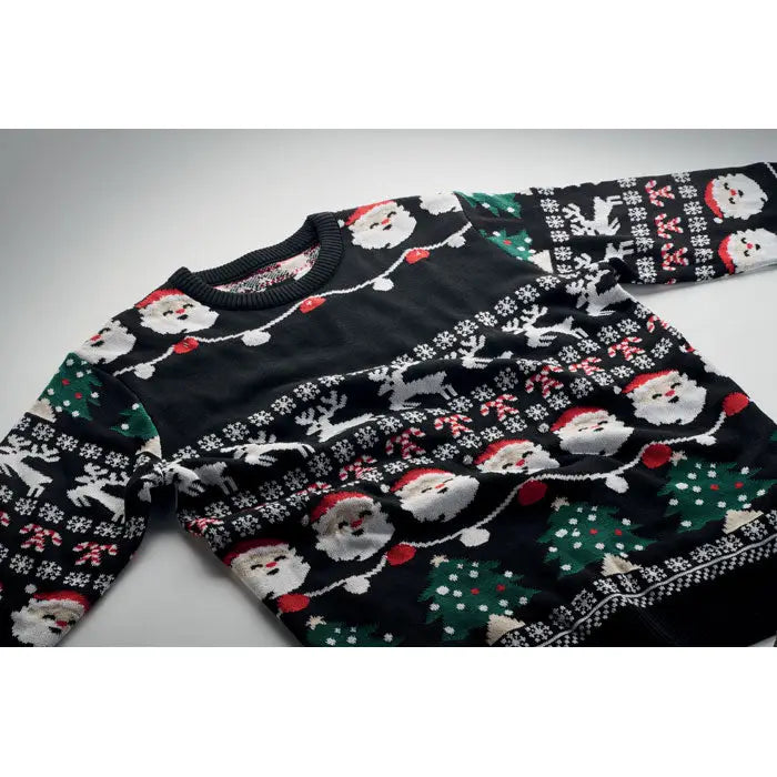 Pulover cu led de craciun l xl negru din tricot cu modele festive de mos craciun reni si bastonase rosii si verzi