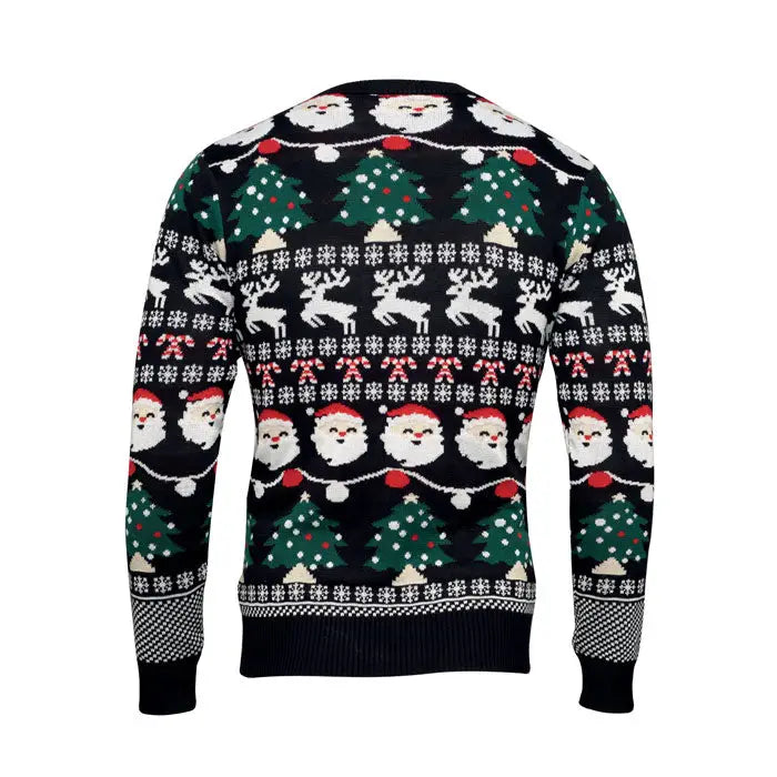 Pulover cu led de craciun l xl negru din tricot cu modele festive de mos craciun brazi reni si acadele rosii