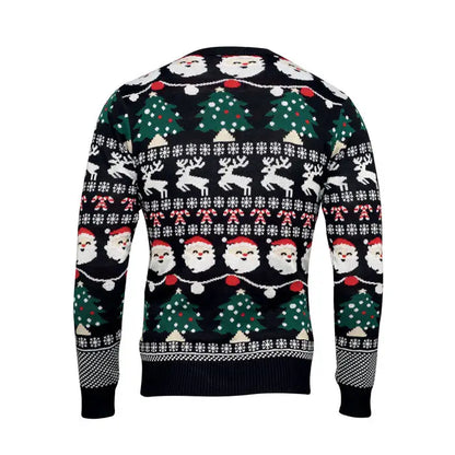 Pulover cu led de craciun l xl negru din tricot cu modele festive de mos craciun brazi reni si acadele rosii