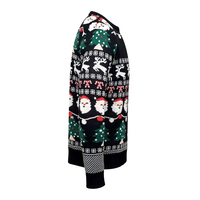 Pulover cu led de craciun negru cu modele festive de mos craciun reni si brazi colorati pentru sarbatori