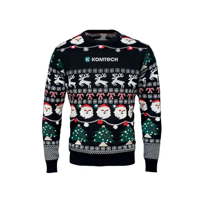 Pulover cu led de craciun s m negru tricotat cu modele festive de reni mos craciun si brazi alb rosu verde