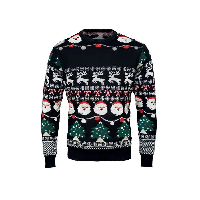 Pulover cu led de Craciun negru cu modele festive de mos craciun, reni, acadele si brazi colorati
