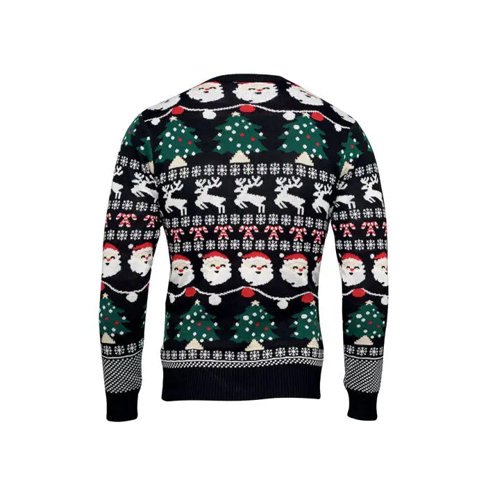 Pulover cu led de craciun negru cu modele festive de mos craciun, reni si brazi impodobiti pe fundal inchis