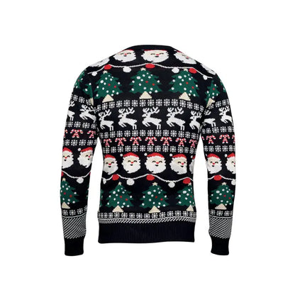 Pulover cu led de craciun negru cu modele festive de mos craciun, reni si brazi impodobiti pe fundal inchis
