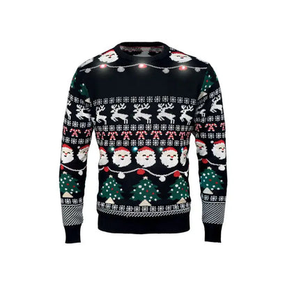 Pulover cu led de craciun negru cu modele festive si lumini led cu mos craciun reni acadea si brazi s m