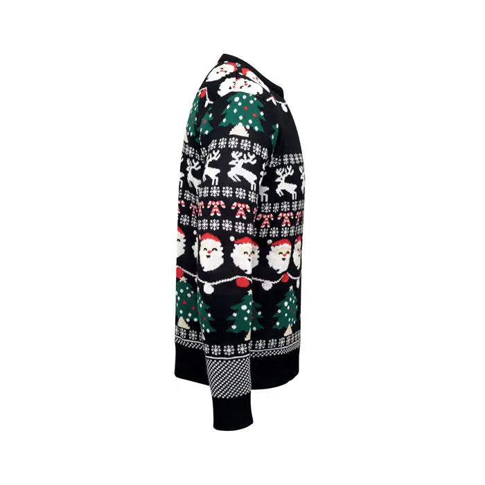 Pulover cu led de Craciun negru cu modele festive cu Mos Craciun, reni si fulgi de zapada rosii si albi