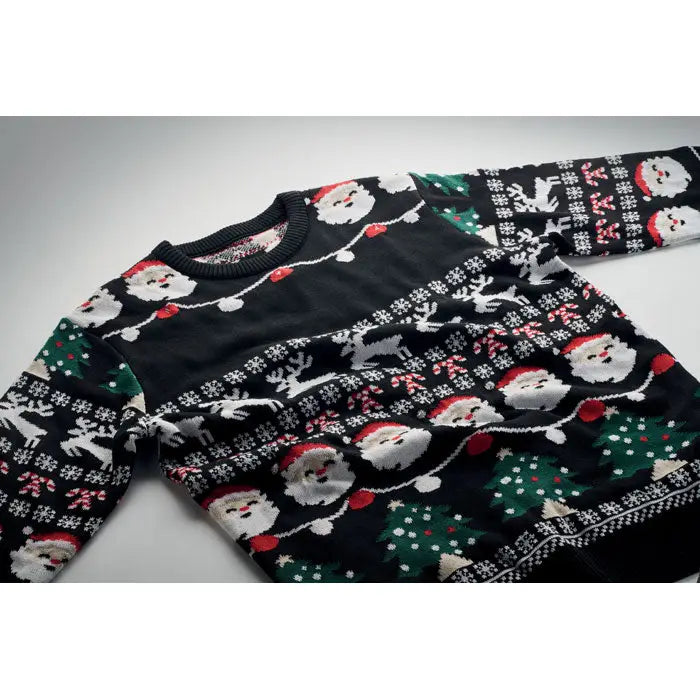 Pulover cu led de craciun s m negru cu modele festive de mos craciun reni si bastonase de zahar rosii verzi si albe