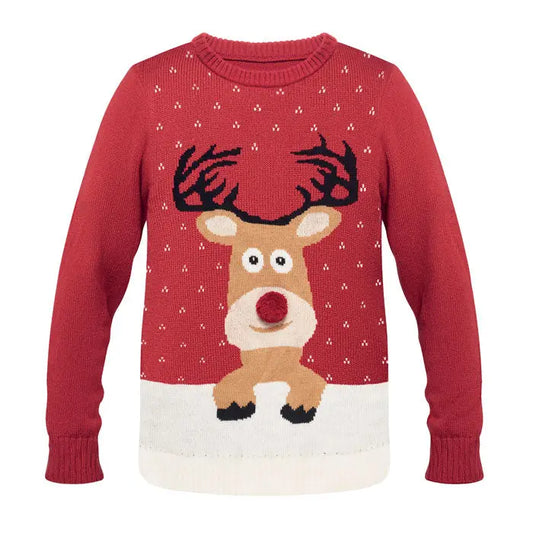 Pulover de craciun l/xl rosu cu model tricotat de ren cartoon si fulgi de zapada albi