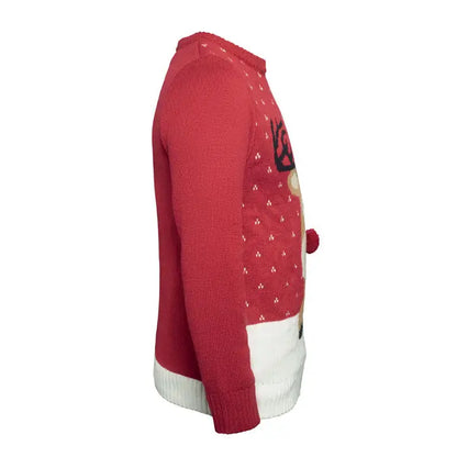 Pulover de craciun l xl rosu tricotat cu model de ren si accente albe pe tiv si maneci