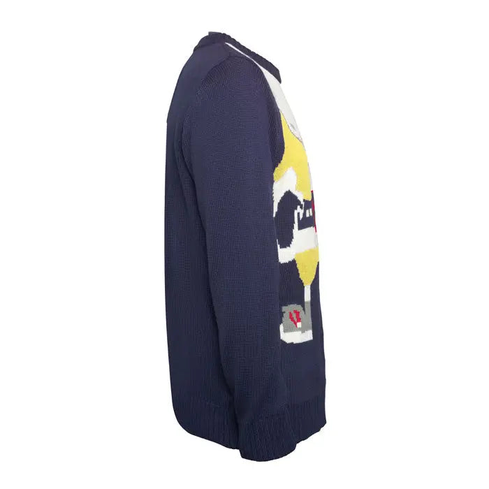 Navy albastru pulover tricotat cu imprimeu colorat indraznet al unui personaj de desene animate pe fata pentru craciun l xl