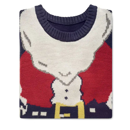 Pulover de craciun l xl knitted sweater with festive santa claus design red coat white beard and navy blue collar