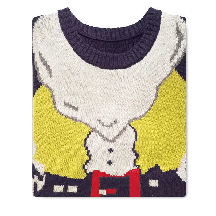 Pulover de craciun lxl din tricot cu grafică pixelată galbenă și albă și guler reiat bleumarin