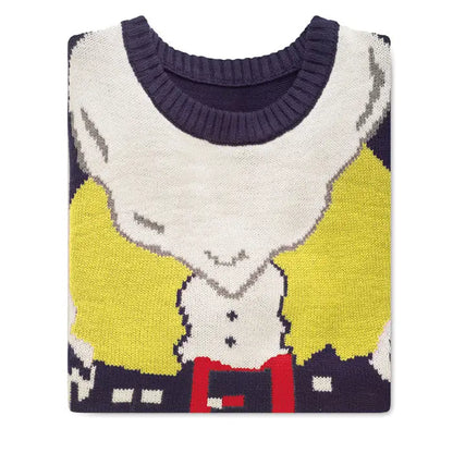 Pulover de craciun lxl din tricot cu grafică pixelată galbenă și albă și guler reiat bleumarin