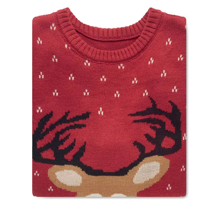 Pulover de craciun l xl rosu tricotat cu fata festiva de ren cu coarne negre si urechi maro si fulgi de nea albi