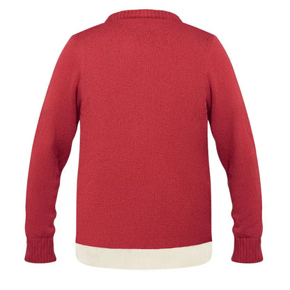 Pulover de craciun l/xl rosu tricotat cu guler rotund drept, maneci lungi si tiv crem contrastant
