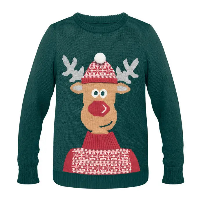 Pulover de craciun l xl verde inchis din tricot cu ren vesel cu coarne albe nas rosu si fular rosu cu model