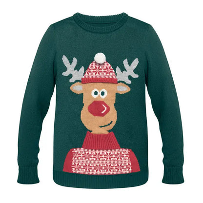 Pulover de craciun l xl verde inchis din tricot cu ren vesel cu coarne albe nas rosu si fular rosu cu model