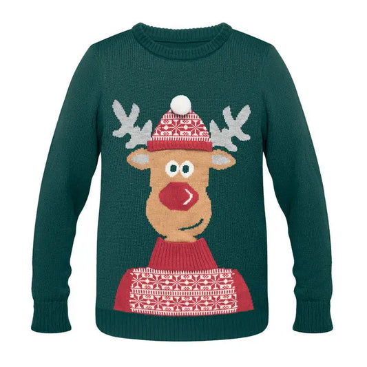 Pulover de craciun l xl verde inchis din tricot cu ren vesel cu coarne albe nas rosu si fular rosu cu model