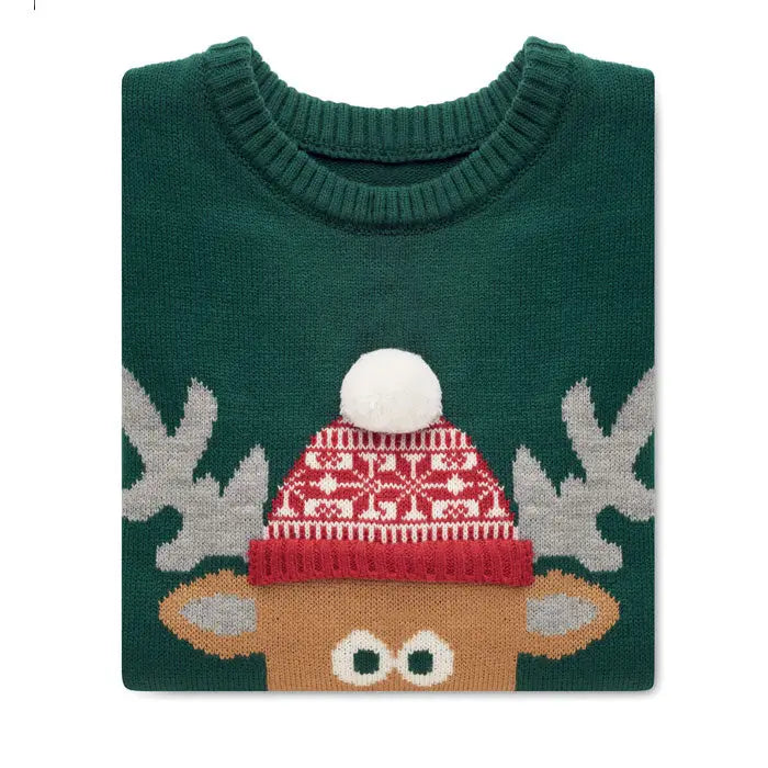 Pulover de craciun l xl verde inchis tricotat cu fata vesela de ren si caciula rosie cu ciucure alb