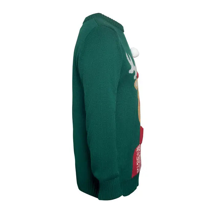 Pulover de craciun lxl verde cu model de ren din tricot, cornite albe si accente rosii cu buzunar patch