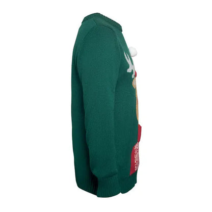 Pulover de craciun lxl verde cu model de ren din tricot, cornite albe si accente rosii cu buzunar patch