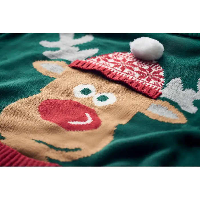 Pulover de craciun l xl verde festiv tricotat cu ren vesel cu blana bej nas rosu si caciula asortata