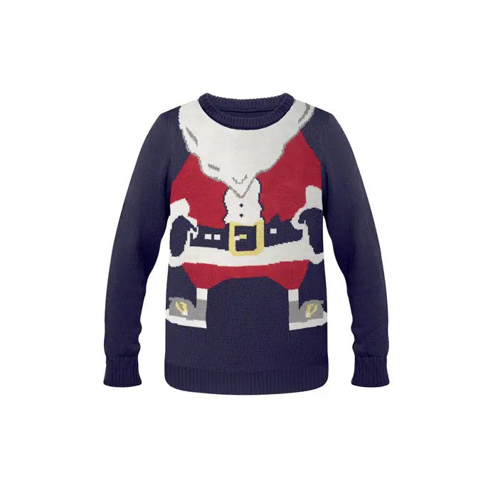 Pulover de craciun s m albastru inchis tricotat cu design festiv mos craciun rosu alb curea neagra catarama aurie si cizme gri