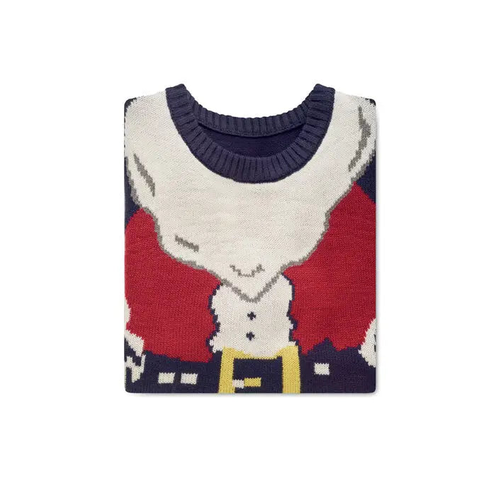 Pulover de craciun s m tricotat cu design pixelat mos craciun in rosu alb si bleumarin cu curea galbena